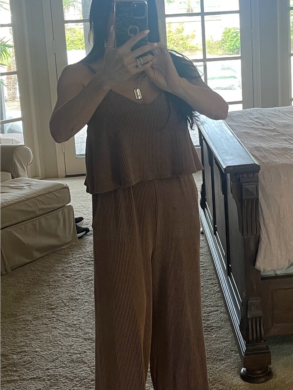 Brown Wide-Leg Knit Jumpsuit with Layered Bodice